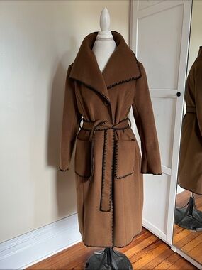 CYRUS Camel Brown Whipstitch Belted Wrap Coat Big Collar Long Trench Large L